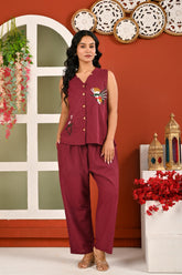 Cotton Wine Berry Embroidered Sleeveless Co-ord Set